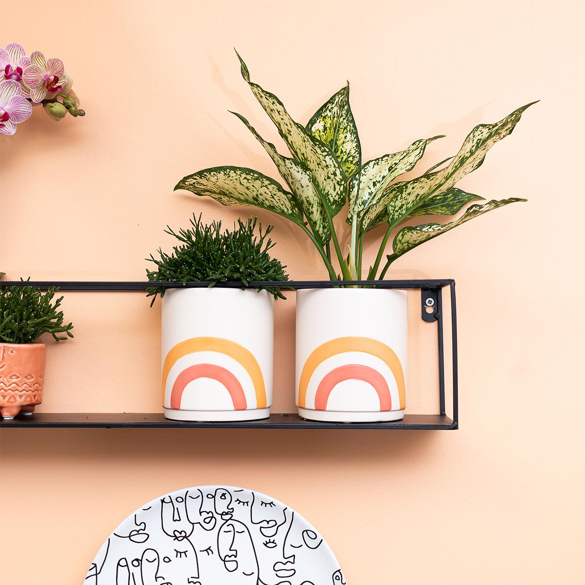 Kolibri Home | Rainbow peach bloempot - Crème keramieken sierpot met print